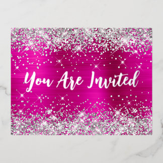 Silver Glitter and Hot Pink Glam 70th Birthday Foil Invitation Postcard