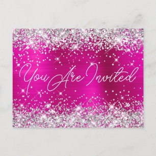 Silver Glitter and Hot Pink Glam 90th Birthday Invitation Postcard