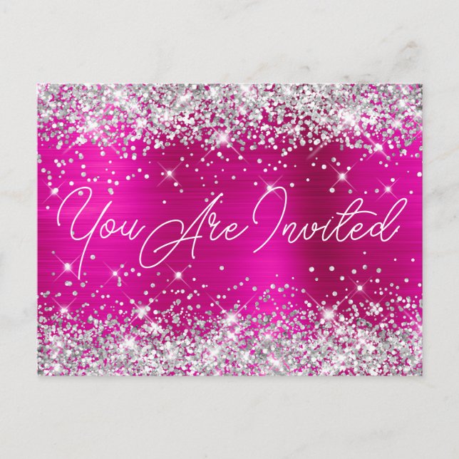 Silver Glitter and Hot Pink Glam 90th Birthday Invitation Postcard (Front)