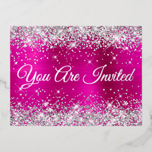 Silver Glitter and Hot Pink Glam Quinceañera Foil Invitation Postcard