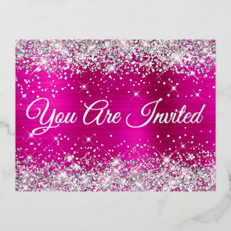 Silver Glitter and Hot Pink Glam Sweet 16 Foil Invitation Postcard
