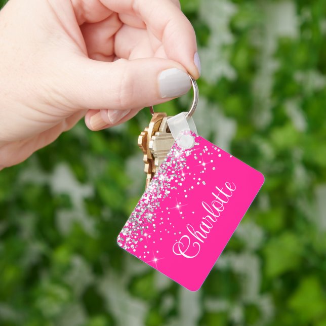Silver Glitter and Hot Pink Monogram Key Ring (Hand)