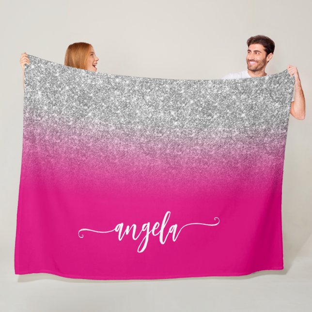 Silver Glitter and Hot Pink Ombre Personalised Fleece Blanket (In Situ)