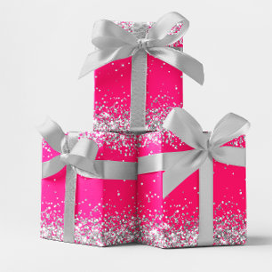 Silver Glitter and Hot Pink Wrapping Paper Sheet