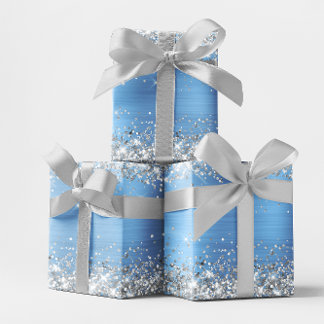 Silver Glitter and Light Blue Ombre Foil Wrapping Paper Sheet