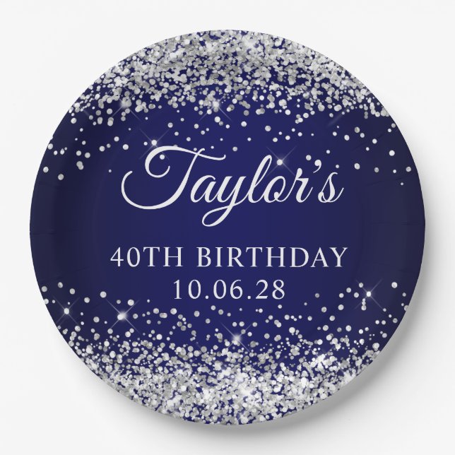 Silver Glitter and Navy Blue 40th Birthday Paper Plate (Front)