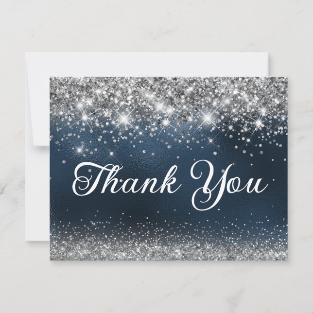 Silver Glitter and Navy Blue Foil 40th Birthday Thank You Card (Front)