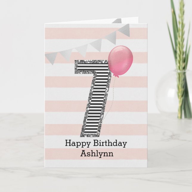 Silver Glitter and Pink 7th Birthday Card (Front)