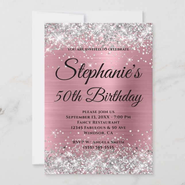 Silver Glitter and Pink Foil Fancy Monogram Invitation (Front)