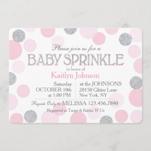 Silver Glitter and Pink Scattered Dots Baby Shower Invitation