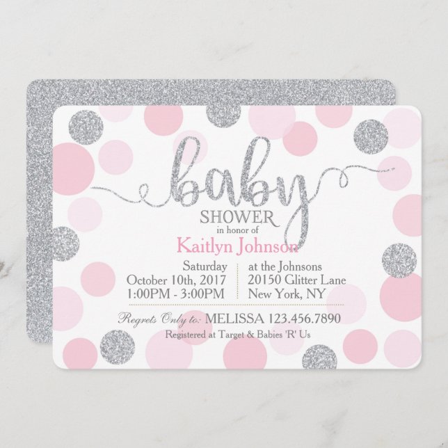 Silver Glitter and Pink Scattered Dots Baby Shower Invitation (Front/Back)