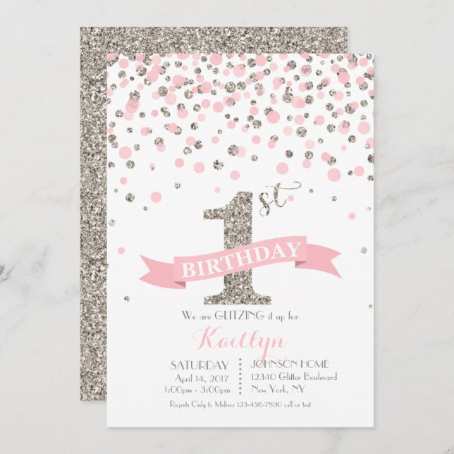 Silver Glitter and Pink Sprinkles Modern Birthday Invitation (Front/Back)