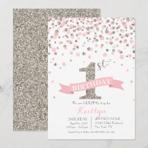 Silver Glitter and Pink Sprinkles Modern Birthday Invitation