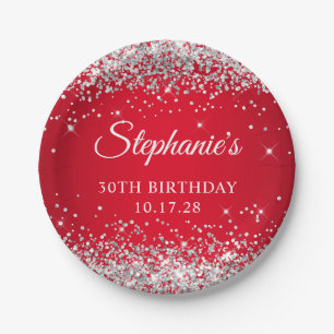 Silver Glitter and Red 30th Birthday Paper Plate