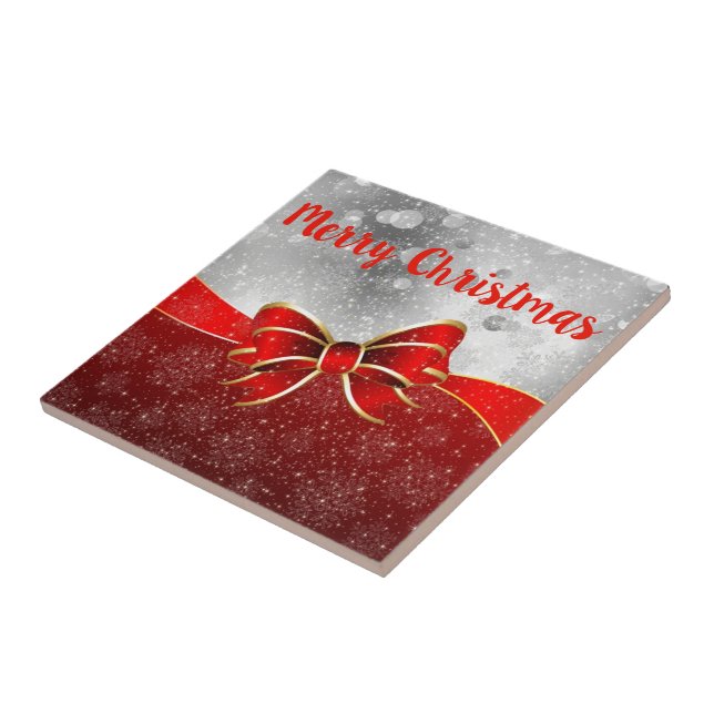 Silver Glitter And Red Christmas Sparkles Bow Cera Tile (Side)