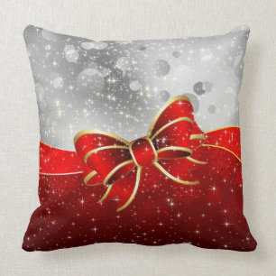 Silver Glitter And Red Christmas Sparkles Bow Cushion