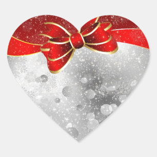 Silver Glitter And Red Christmas Sparkles Bow Heart Sticker