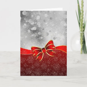 Silver Glitter And Red Christmas Sparkles Bow Holiday Card