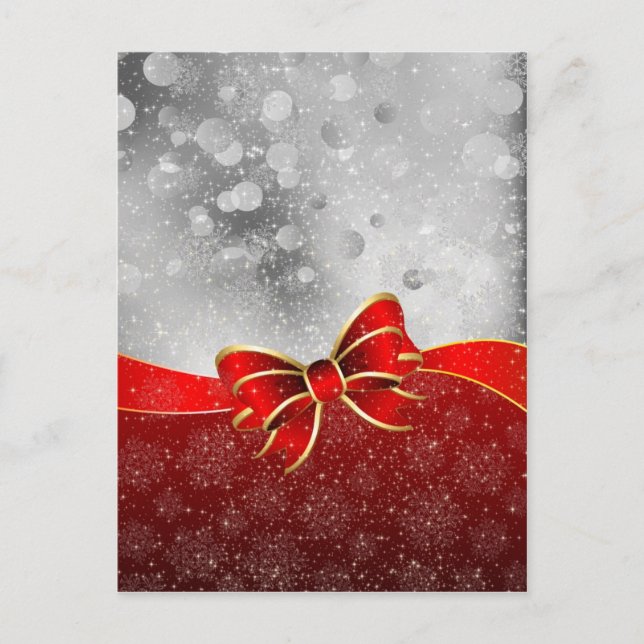 Silver Glitter And Red Christmas Sparkles Bow Holiday Postcard (Front)