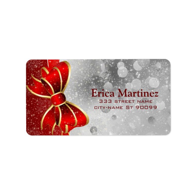 Silver Glitter And Red Christmas Sparkles Bow Label (Front)