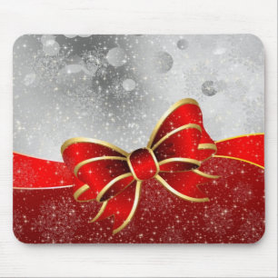 Silver Glitter And Red Christmas Sparkles Bow Mouse Mat
