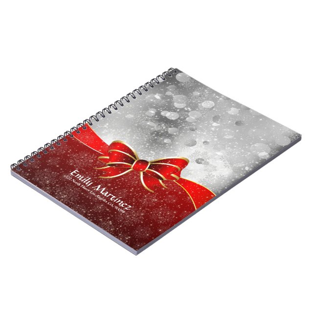 Silver Glitter And Red Christmas Sparkles Bow Notebook (Left Side)