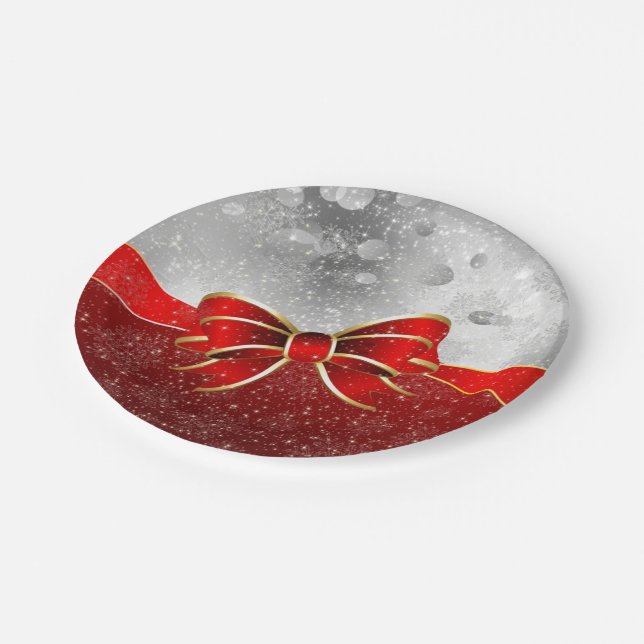 Silver Glitter And Red Christmas Sparkles Bow Paper Plate (Angled)