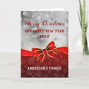 Silver Glitter And Red Sparkles Bow Holiday Card