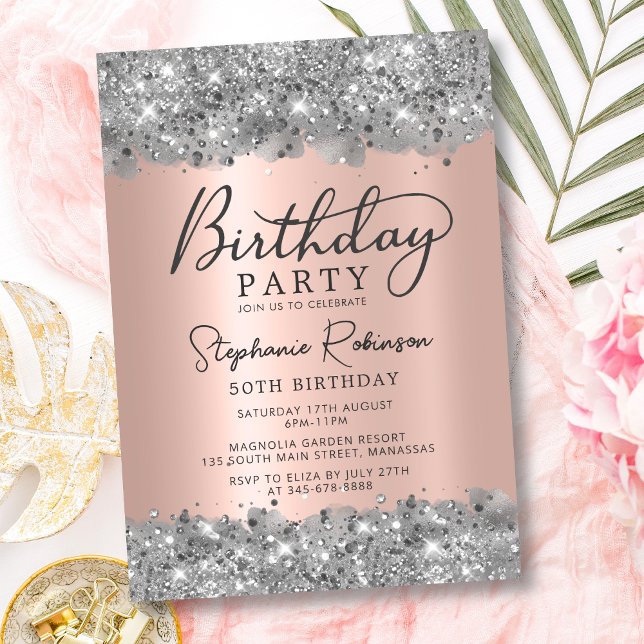 Silver Glitter and Rose Gold Foil 50th Birthday Invitation (Creator Uploaded)