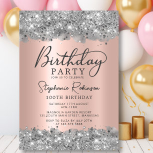 Silver Glitter and Rose Gold Metal 100th Birthday Invitation