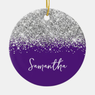 Silver Glitter and Royal Purple Glam Name Ceramic Tree Decoration