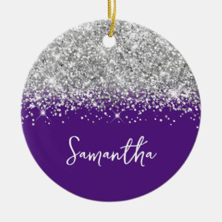 Silver Glitter and Royal Purple Glam Name Photo Ceramic Tree Decoration