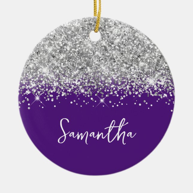 Silver Glitter and Royal Purple Glam Name Photo Ceramic Tree Decoration (Front)