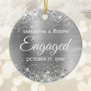 Silver Glitter and Shiny Foil Engaged Ceramic Tree Decoration