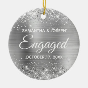 Silver Glitter and Shiny Foil Engaged Ceramic Tree Decoration