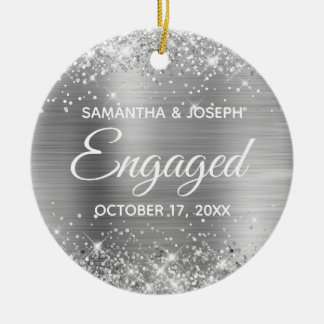 Silver Glitter and Shiny Foil Engaged Ceramic Tree Decoration