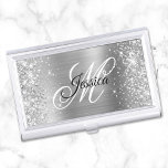 Silver Glitter and Shiny Foil Fancy Monogram Business Card Holder<br><div class="desc">Create your own faux sparkly silver glitter and silvery grey highlight ombre satin foil business card holder. The front features a black and white fancy calligraphy script monogram. You can customise font colour and style. A girly design for event planners. All of the sparkle and shine is created with printed...</div>