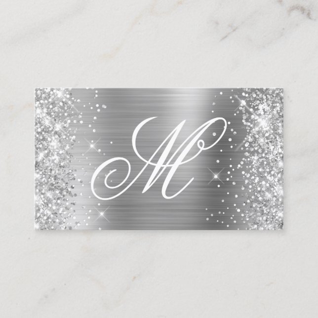 Silver Glitter and Shiny Foil Fancy Monogrammed Business Card (Front)