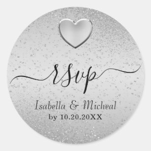 Silver Glitter and  Silver Heart - RSVP   Classic Round Sticker