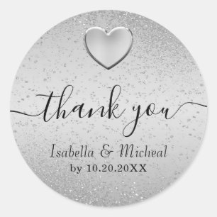 Silver Glitter and Silver  Heart - Thank You  Classic Round Sticker