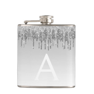 Silver Glitter and Sparkle Monogram Hip Flask