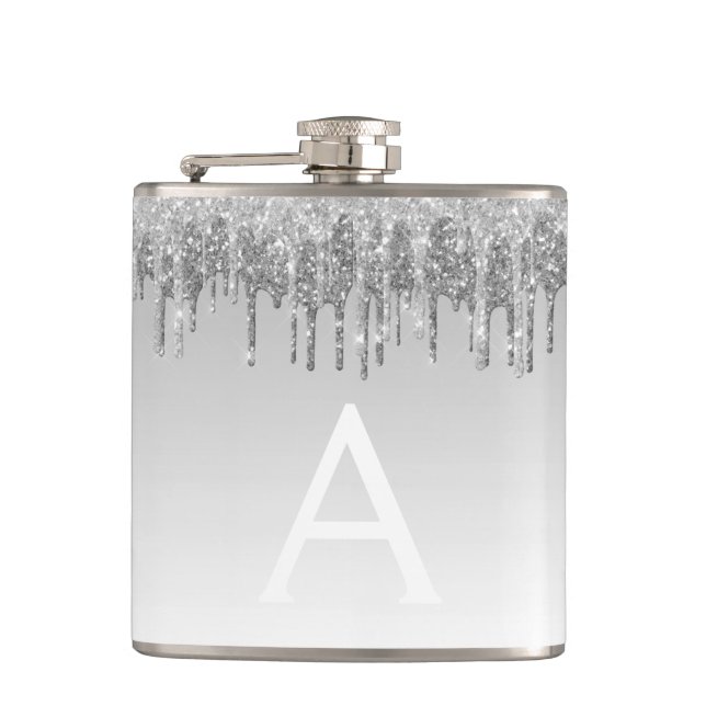 Silver Glitter and Sparkle Monogram Hip Flask (Front)