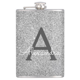 Silver Glitter and Sparkle Monogram Initial Hip Flask