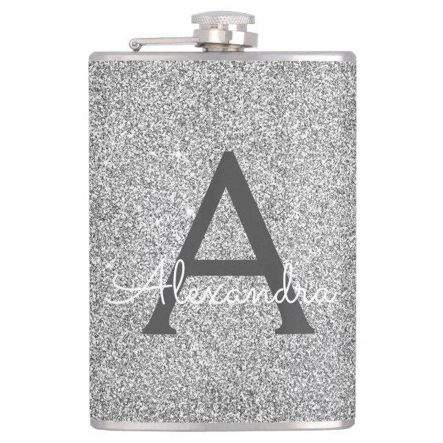 Silver Glitter and Sparkle Monogram Initial Hip Flask (Front)