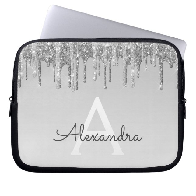 Silver Glitter and Sparkle Monogram Laptop Sleeve (Front)
