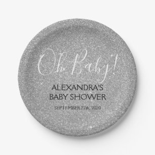 Silver Glitter and Sparkle Oh Baby! Shower Paper Plate