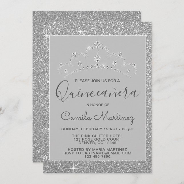 Silver Glitter and Sparkle Quinceanera Invitation (Front/Back)