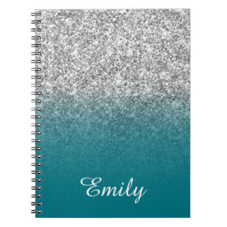 Silver Glitter and Teal Ombre Personalised Notebook