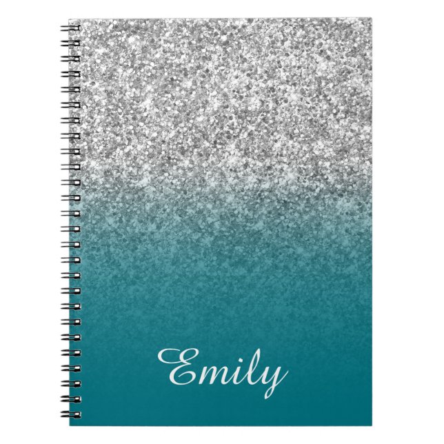 Silver Glitter and Teal Ombre Personalised Notebook (Front)