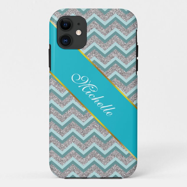 Silver Glitter and Teal ZigZag Case-Mate iPhone Case (Back)